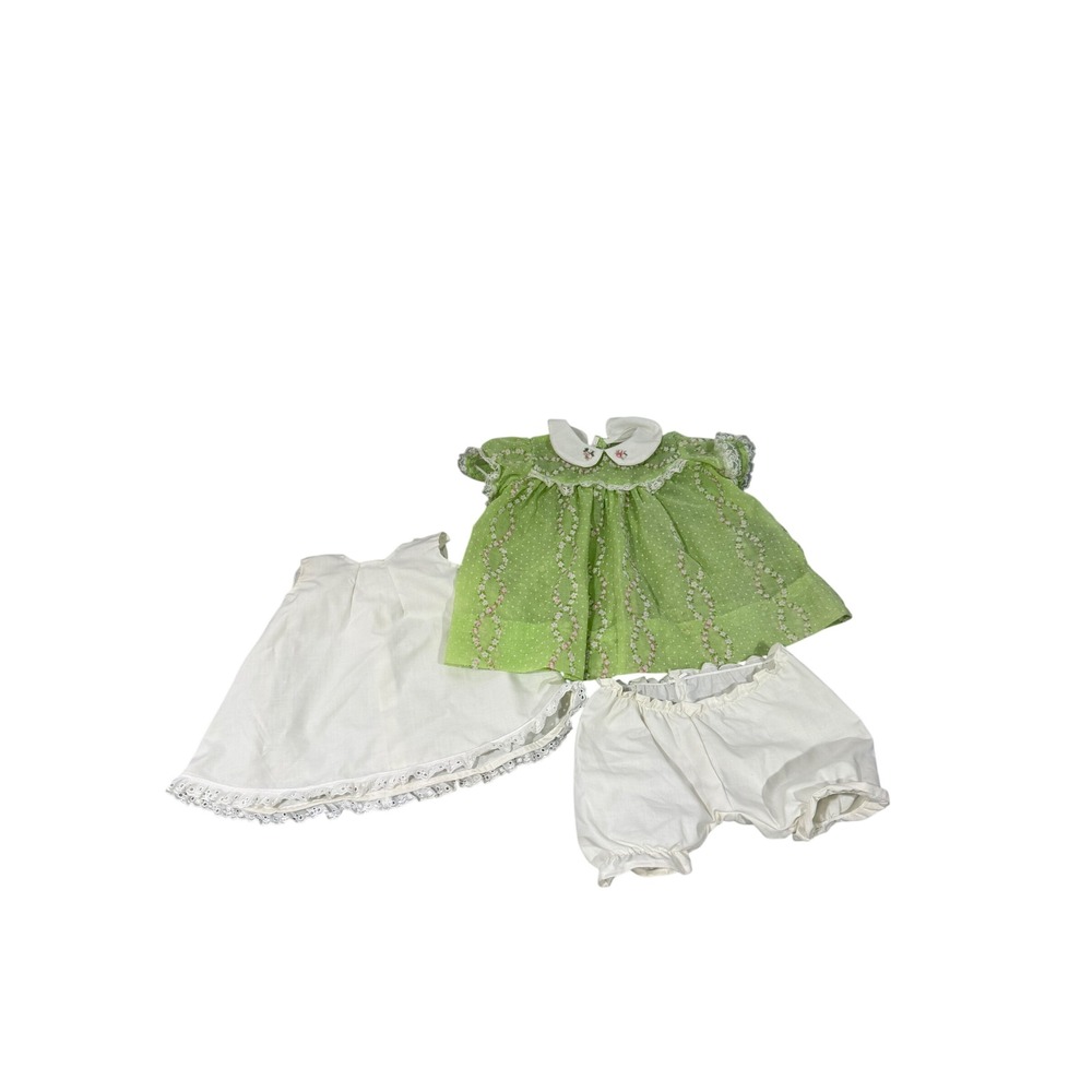 Handmade Baby Doll Outfit Green Swiss Dot Floral Dress Slip Bloomers 3pc Set
